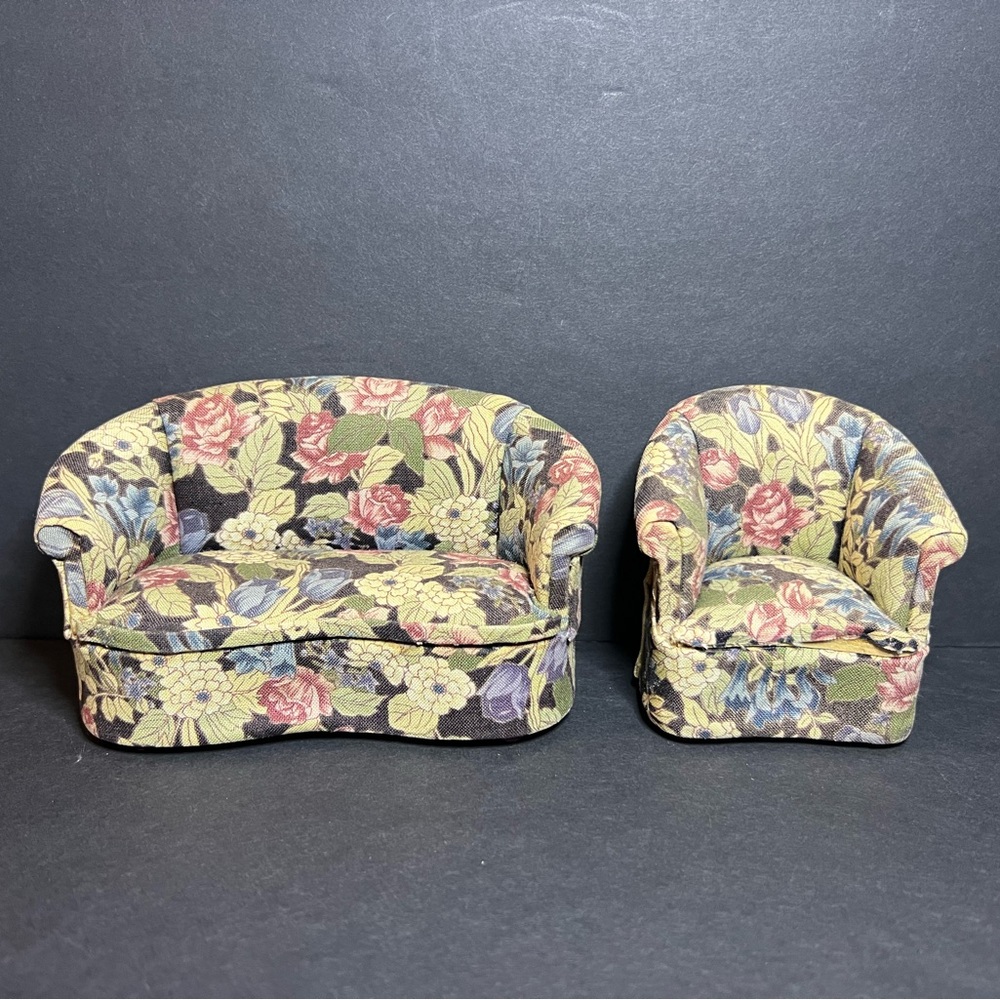 Vintage Bespaq Miniature Floral Print Sofa & Club Chair Dollhouse Furniture Set